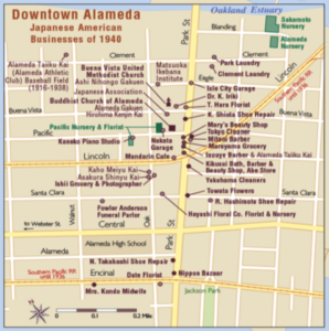 Map of Japanese American businesses in Downtown Alameda circa 1940